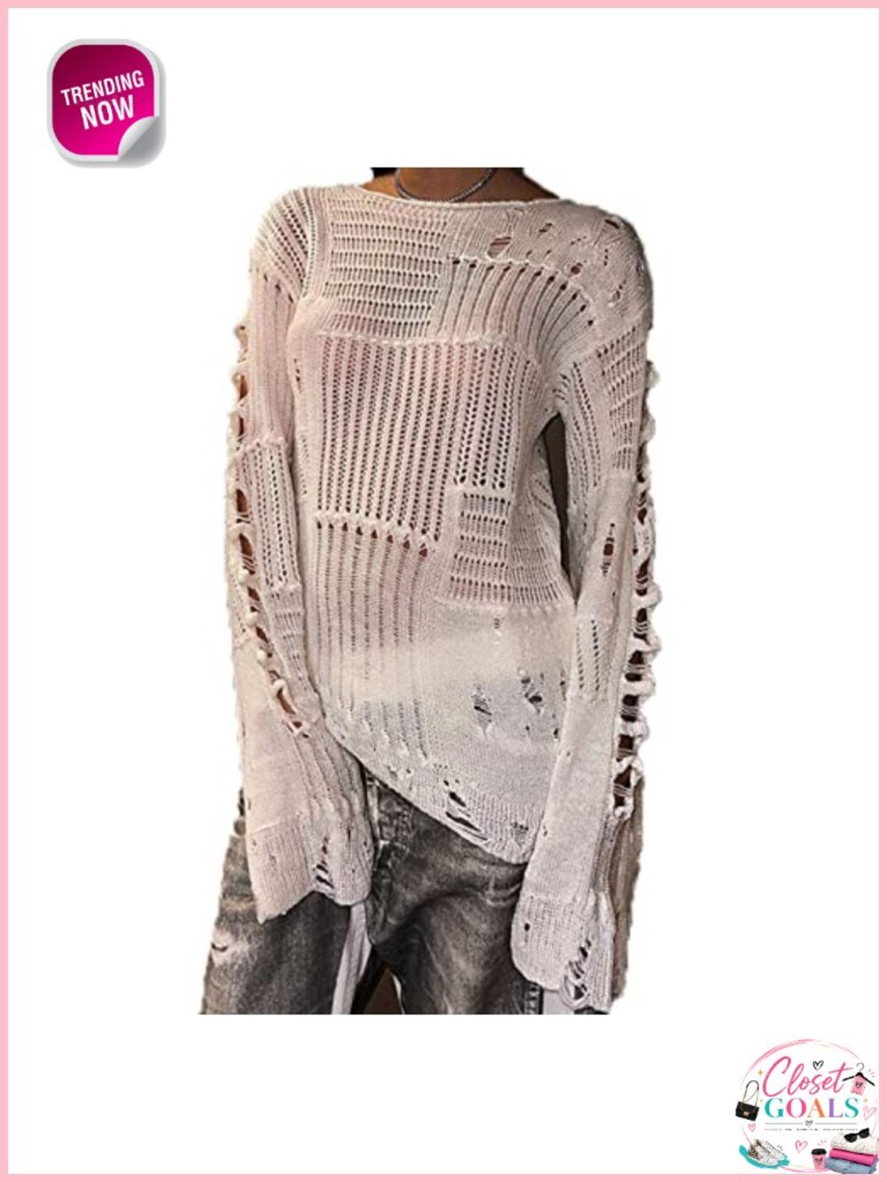 Women's Long Sleeve Hollow Out Crochet Knit Pullover Sweater Loose Fit